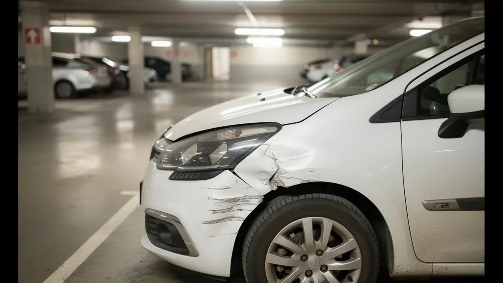 Véhicule citadin avec dommages visibles sur l'aile avant dans un parking couvert