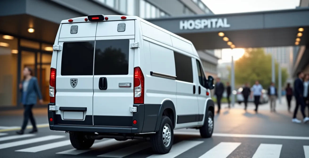 Véhicule sanitaire léger garé devant l'entrée d'un hôpital moderne