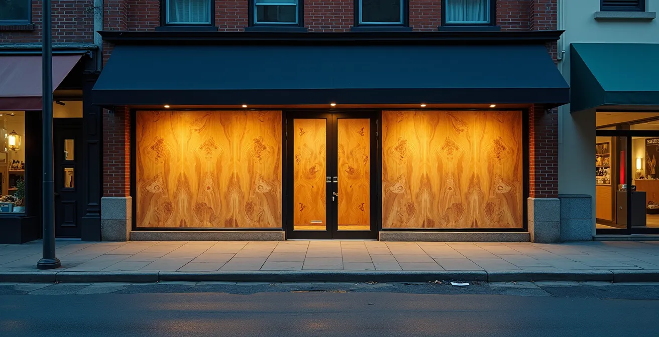 Vitrine de magasin endommagée avec protection temporaire installée