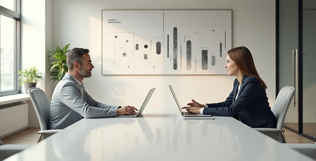 Expert-comptable vérifiant les calculs de marge brute avec son client entrepreneur dans un bureau moderne