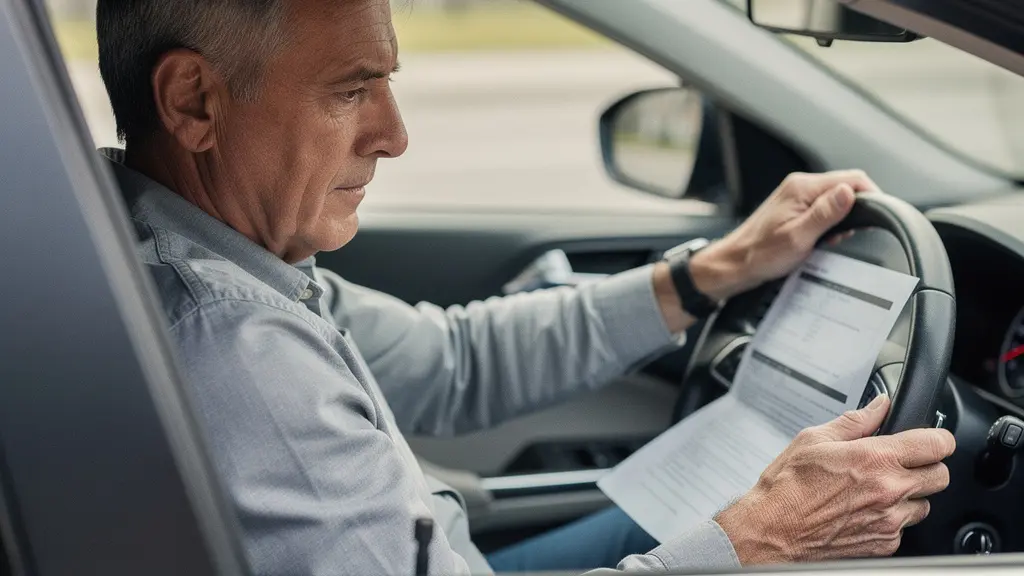 Conducteur senior consultant des documents dans l'habitacle de sa voiture